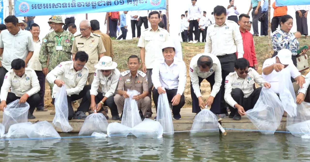 កូនត្រីពូជជាង ១ម៉ឺនក្បាល ត្រូវបានលែងចូលត្រពាំងហែរផ្កា ដើម្បីរួមចំណែកអភិរក្ស និងបង្កើនធនធានជលផល