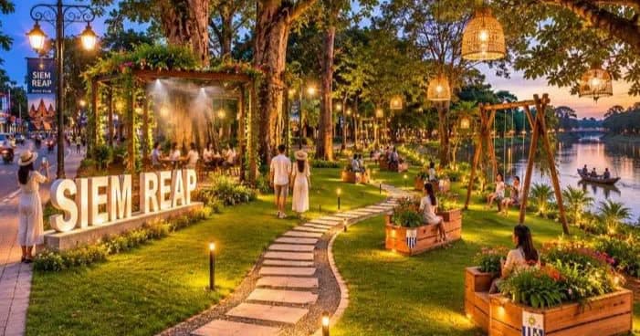 រដ្ឋបាលខេត្តសៀមរាបសូមបង្ហាញរូបភាព 3D ដែលក្រុមការងាររដ្ឋបាលខេត្តសៀមរាប និងទីភ្នាក់ងារ JICA ព្រមទាំងអង្គភាពពាក់ព័ន្ធ នឹងអនុវត្តគម្រោង សាកល្បង "ការធ្វើឱ្យមានភាពបៃតងនៅតាមមាត់ស្ទឹងសៀមរាប (Riverside Greenery)" នៅមាត់ស្ទឹងសៀមរាប