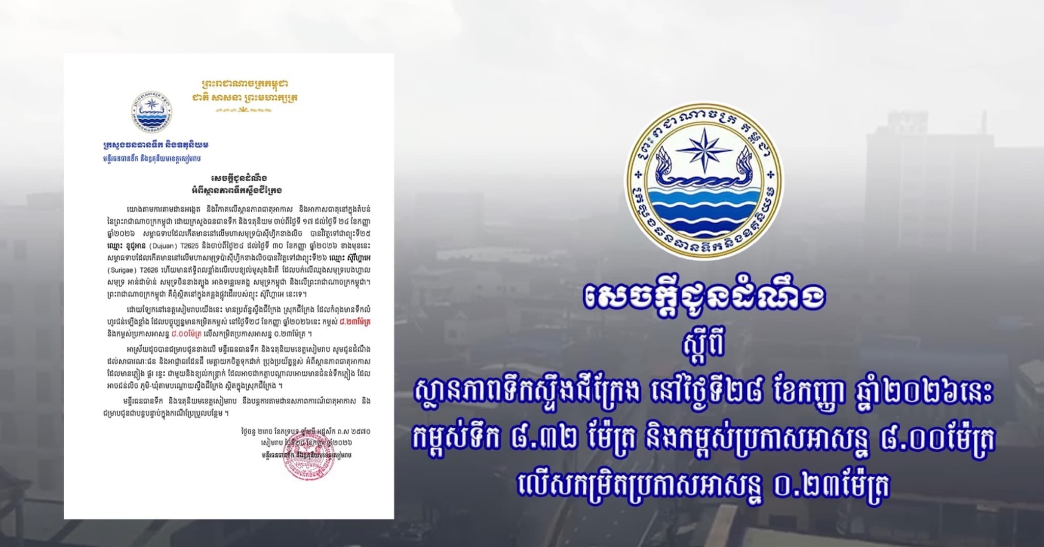 សេចក្តីជូនដំណឹង របស់មន្ទីរធនធានទឹក និងឧតុនិយមខេត្តសៀមរាប ស្តីពី ស្ថានភាពទឹកស្ទឹងជីក្រែង