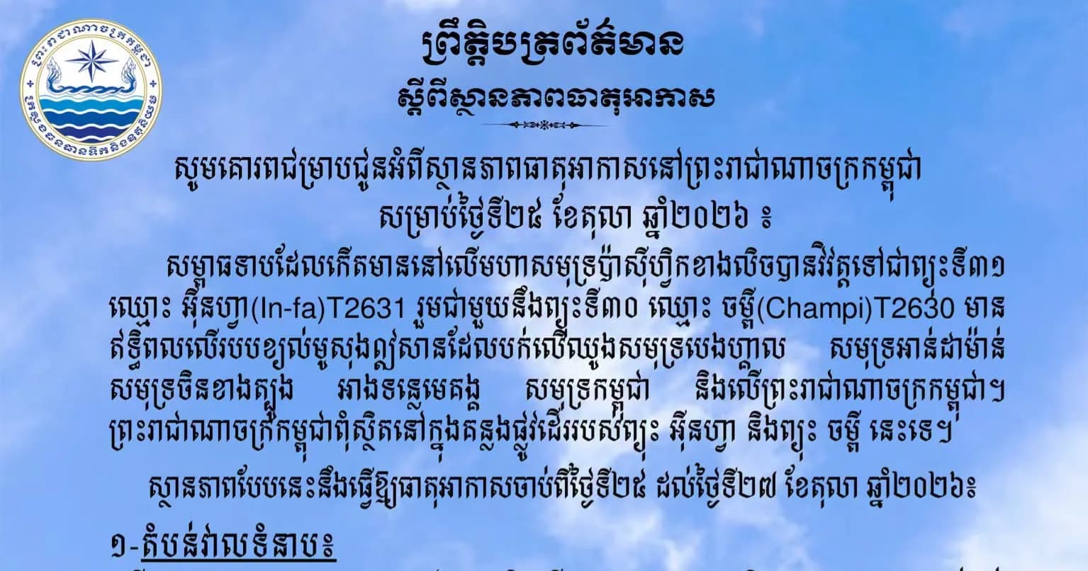 សូមគោរពជម្រាបជូនអំពីស្ថានភាពធាតុអាកាសនៅព្រះរាជាណាចក្រកម្ពុជា សម្រាប់ថ្ងៃទី២៥ ខែតុលា ឆ្នាំ២០២៦៖