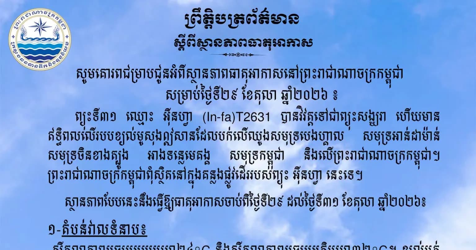 សូមគោរពជម្រាបជូនអំពីស្ថានភាពធាតុអាកាសនៅព្រះរាជាណាចក្រកម្ពុជា សម្រាប់ថ្ងៃទី២៩ ខែតុលា ឆ្នាំ២០២៦៖
